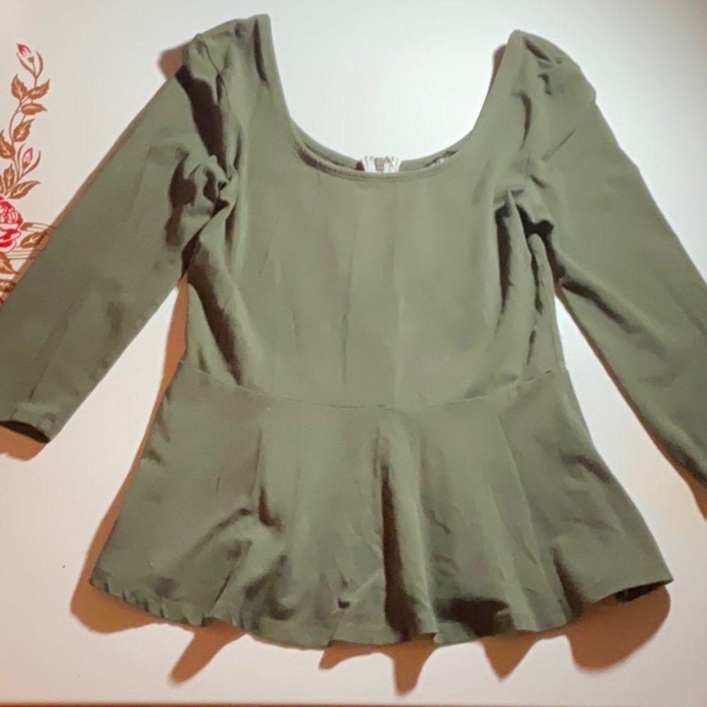 Green Peplum Blouse with 3/4 Sleeves